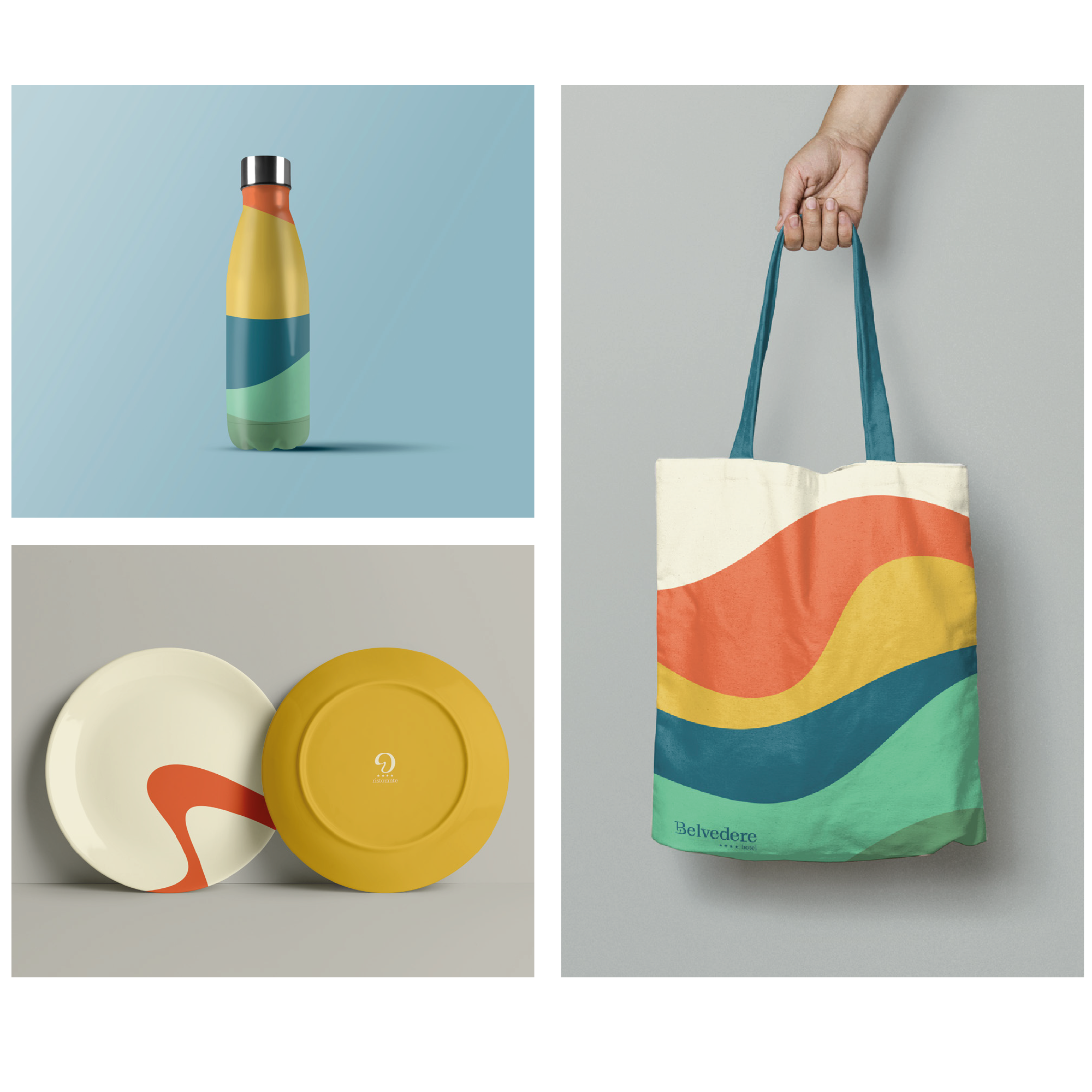 Mockup merchandising Belvedere: borraccia, piatti e shopper con le trame a onde